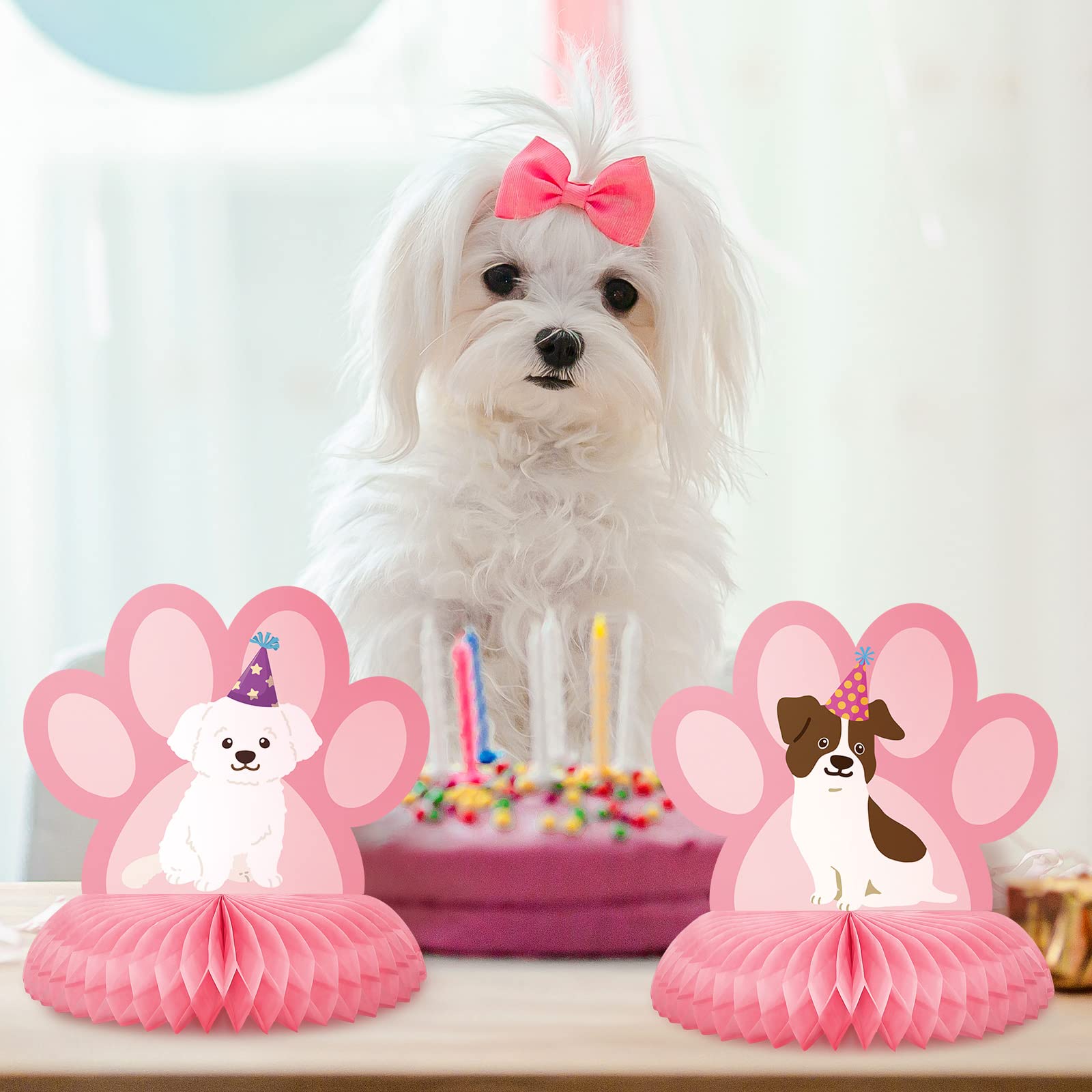 Ferraycle 8 Pcs Dog Themed Party Table Decorations Pink Dog 3D Honeycomb Centerpieces Dog Birthday Party Supplies Dog Centerpieces Decorations for Puppy Paw Print Birthday Supplies Baby Shower