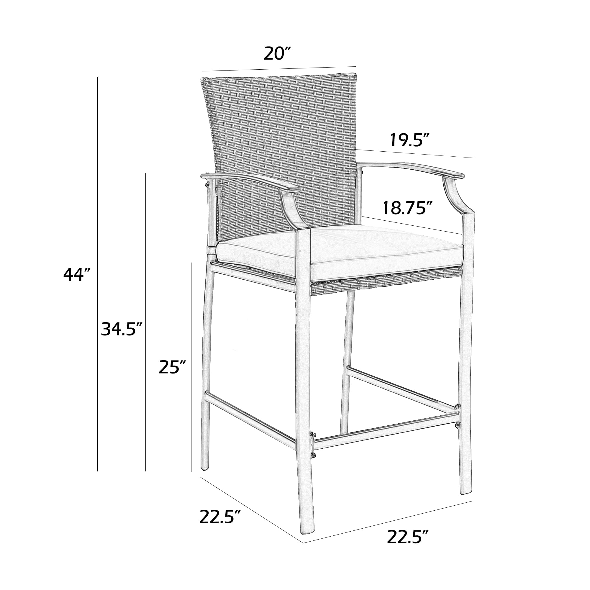 Patio Tree Outdoor Wicker Counter-Height Bar Chairs, Patio Steel Rattan Bar Stools with Removable Cushion, Set of 2