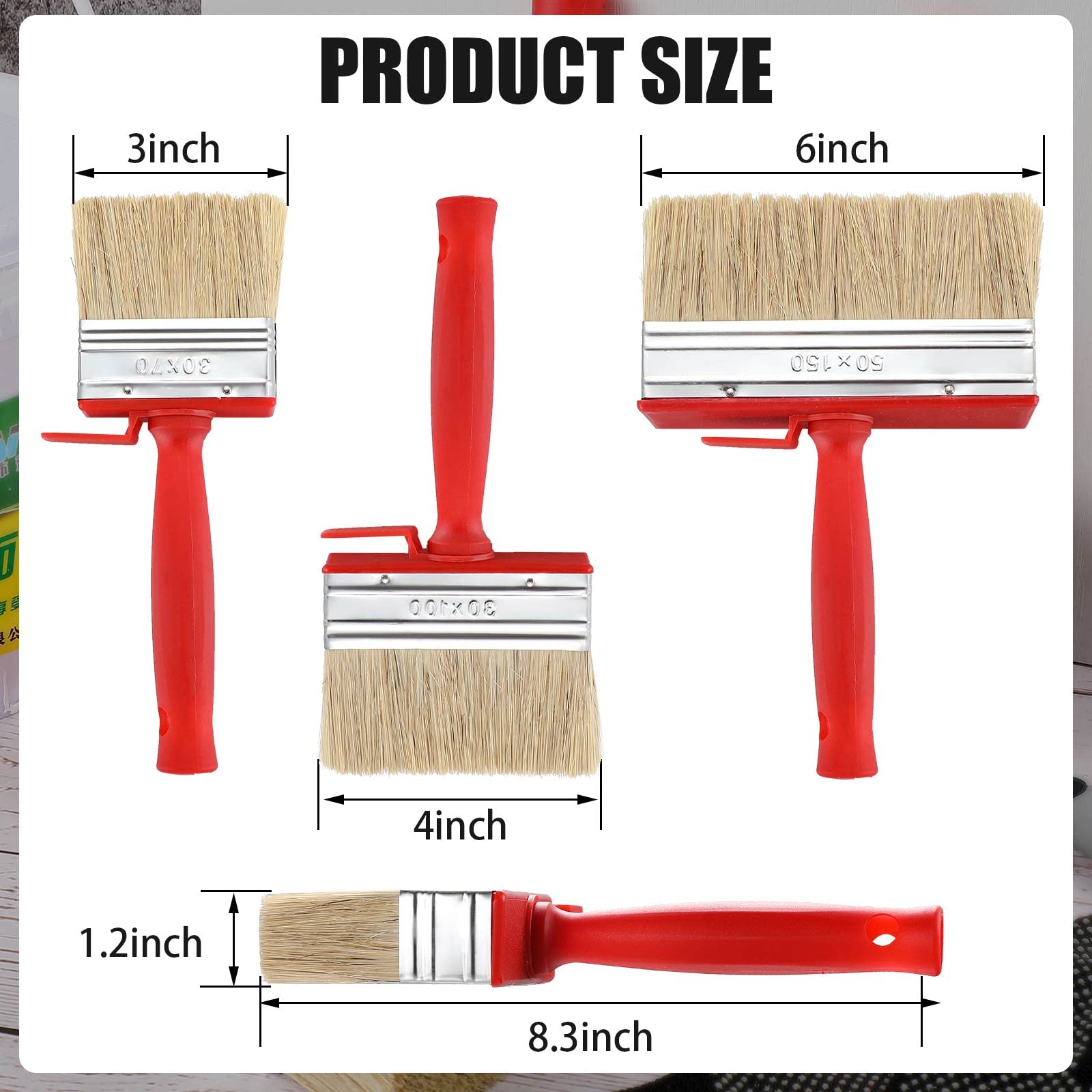 3 Pieces Deck Stain and Sealer Block Paint Brushes on Wood Heavy Duty Brush Paint Brushes for Walls Applicator for Painting Staining Decking Fence, 3 Inch, 4 Inch and 6 Inch, Set of 3 (Red)