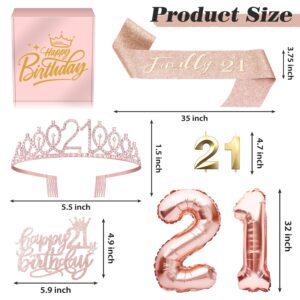 21st Birthday Gifts Decorations for Her - 21 Birthday Cake Topper, Balloons, Queen Sash, Crown and Candle Set, Rose Gold