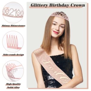 21st Birthday Gifts Decorations for Her - 21 Birthday Cake Topper, Balloons, Queen Sash, Crown and Candle Set, Rose Gold