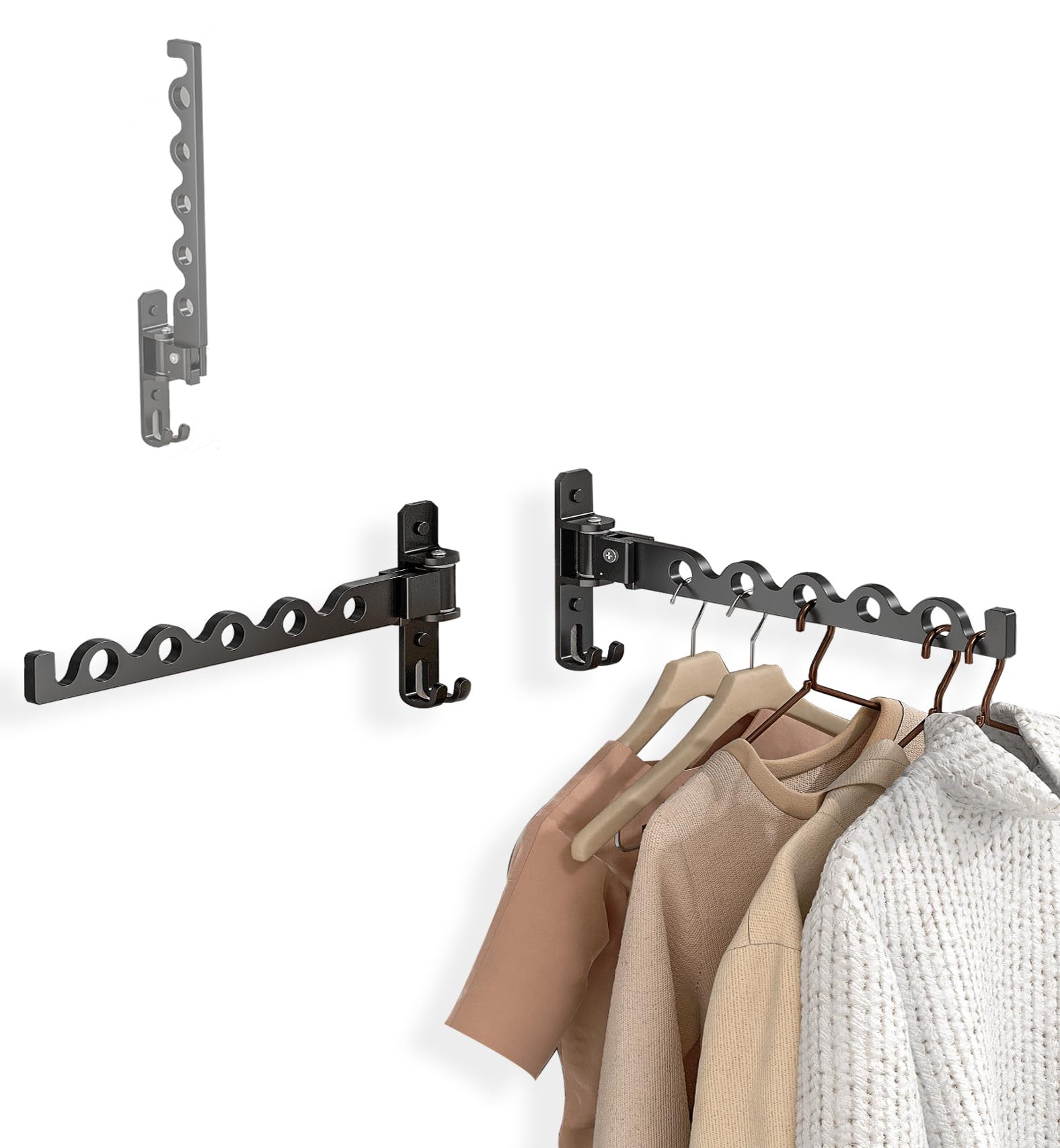 Dr.DJ Wall Hanger for Clothes, Coat Hanger Wall Mounted Matte Black Retractable Clothes Drying Organizer Rack Garment Hooks Aluminium Folding Indoor Wall Hanger Space Saver (2 Racks) Black