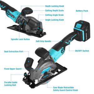 DURATECH Mini Circular Saw, 20V 4-1/2" Cordless Circular Saw with 4.0Ah Battery, Fast Charger, 3 Saw Blades, 3600RPM, Max Cutting Depth 1-11/16"(90°),1-1/8"(45°), for Tiles, Wood, Soft Metal, Plastic