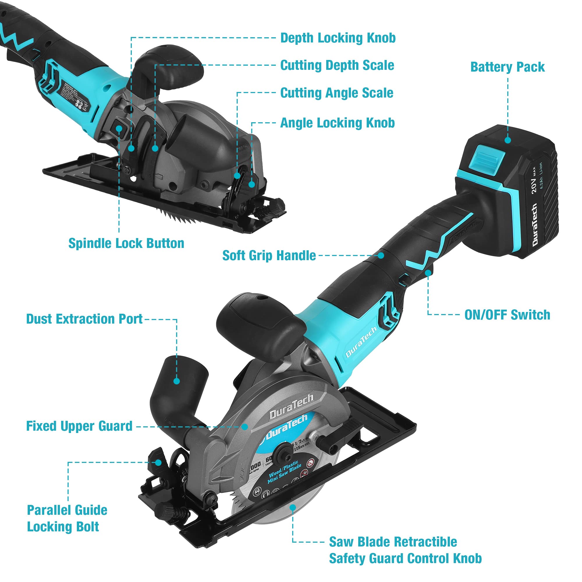 DURATECH Mini Circular Saw, 20V 4-1/2" Cordless Circular Saw with 4.0Ah Battery, Fast Charger, 3 Saw Blades, 3600RPM, Max Cutting Depth 1-11/16"(90°),1-1/8"(45°), for Tiles, Wood, Soft Metal, Plastic