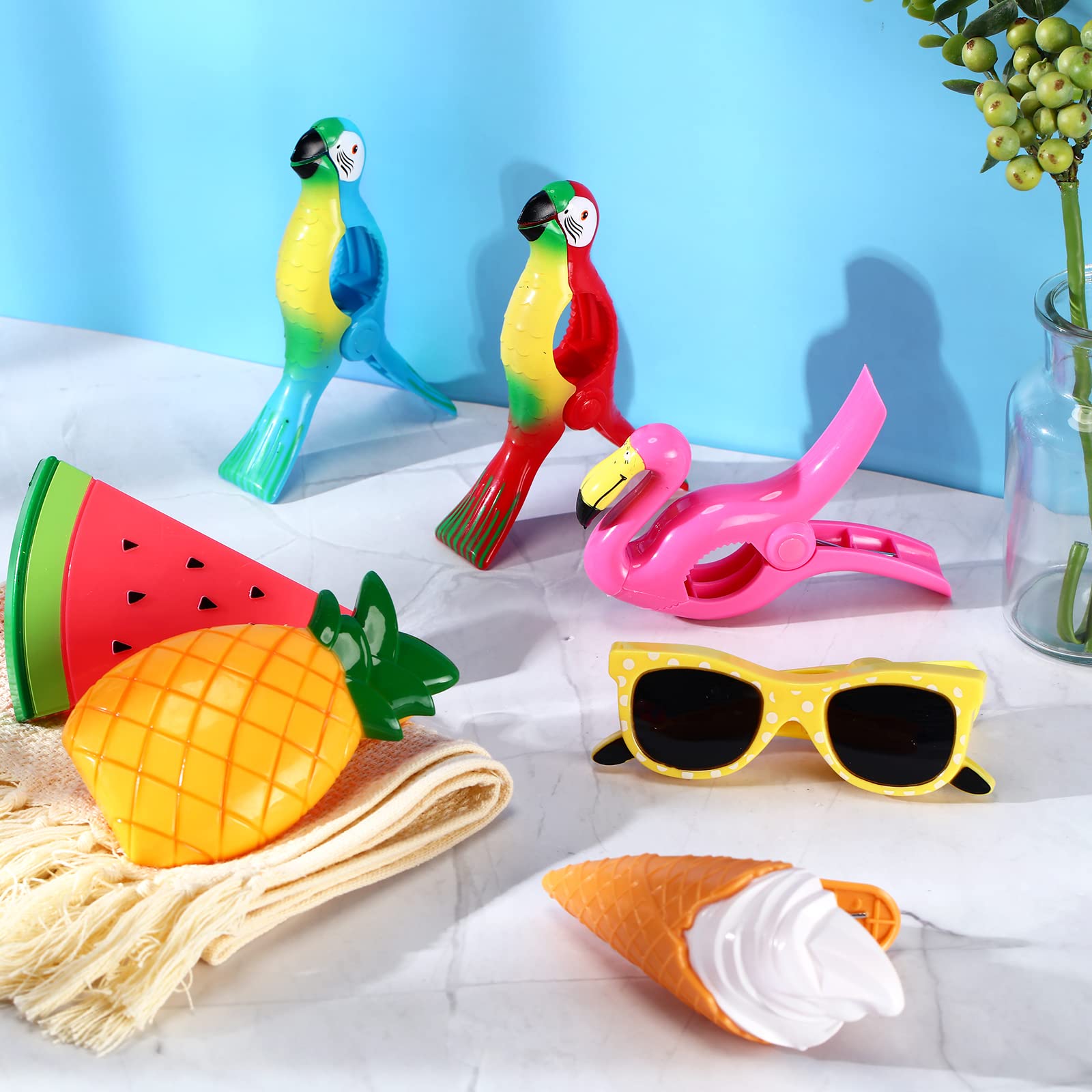 20 Pcs Beach Towel Clips Plastic Beach Chair Clips Flamingo Parrot Watermelon Pineapple Ice Cream Portable Swimming Pool Towel Holder Funny Clothespins for Christmas Party Gift Pool Blanket Decoration