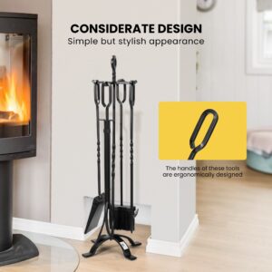 VIVOHOME 5 Pieces Wrought Iron Fireplace Tool Set with Poker Grabber Broom Shovel Stand with Handles Wood Stove Firepit Accessories Tools Modern Black