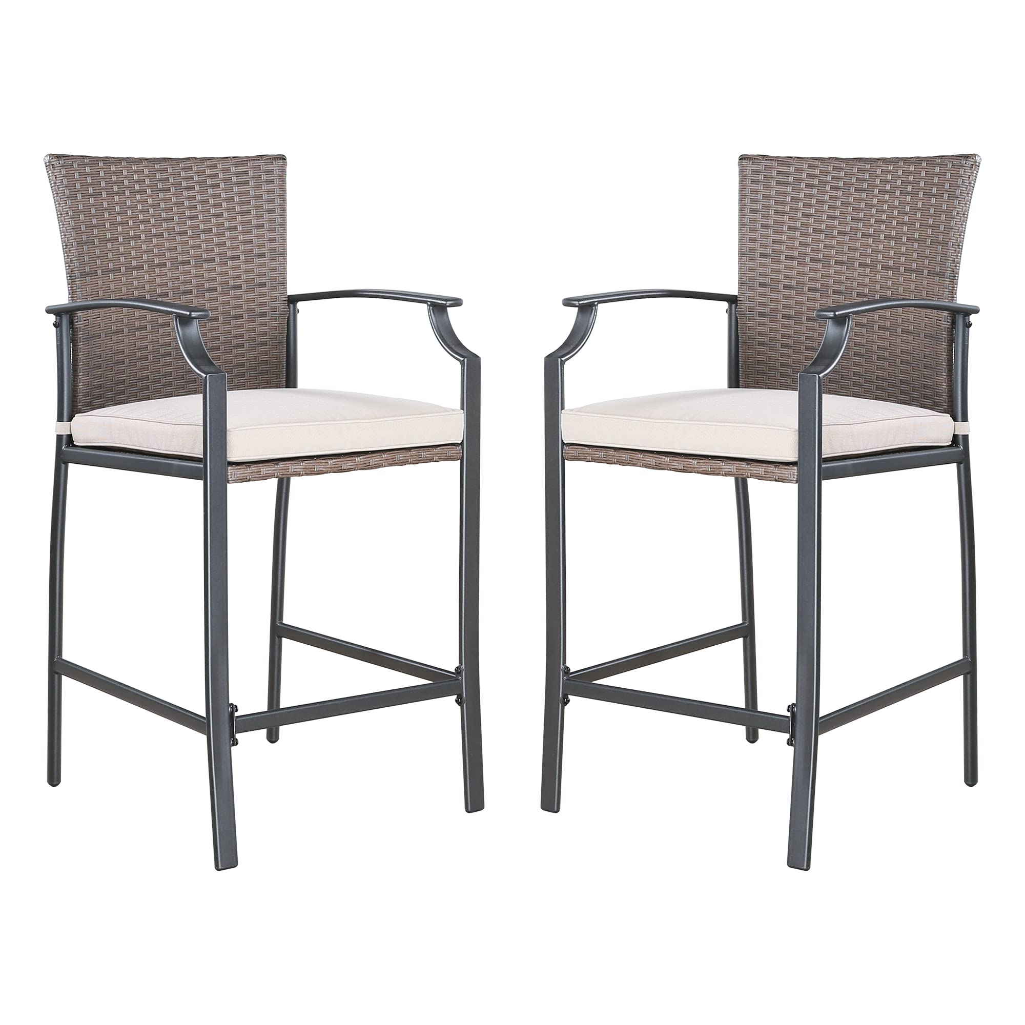 Patio Tree Outdoor Wicker Counter-Height Bar Chairs, Patio Steel Rattan Bar Stools with Removable Cushion, Set of 2