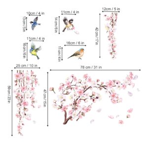 decalmile Cherry Blossom Branch Wall Stickers Pink Flower Birds Wall Decals Bedroom Living Room TV Wall Home Decor