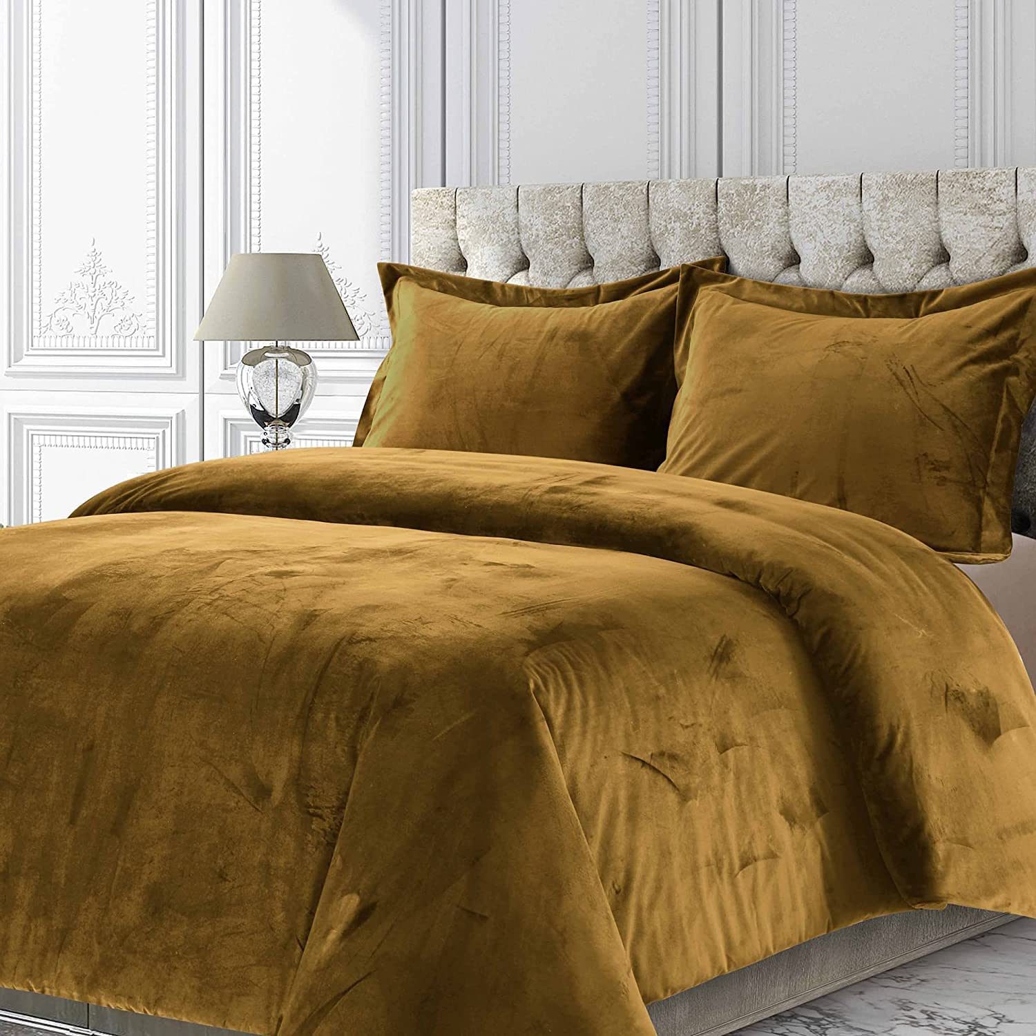 Sheets N More - Luxurious Velvet Duvet Cover Set, Soft Comforter Cover for All Season 3 Piece – Comforter Cover,Gold-Oversized King (98'' x 120'')