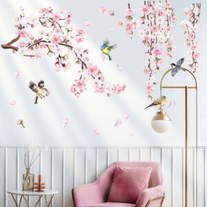 decalmile cherry blossom branch wall stickers pink flower birds wall decals bedroom living room tv wall home decor