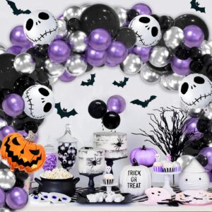 skull halloween birthday party decorations - 141pcs purple black balloon garland arch kit with pumpkin skull balloons for nightmare before christmas, day of the dead, halloween baby shower decorations