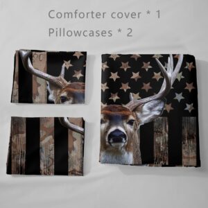 HOSIMA Deer Hunting Bedding Sets,Deer and American Flag Duvet Cover for Hunter Bedroom Decor with 2 Pillowcases Camouflage Bedding Sets for Adult Teen boy Bedding.