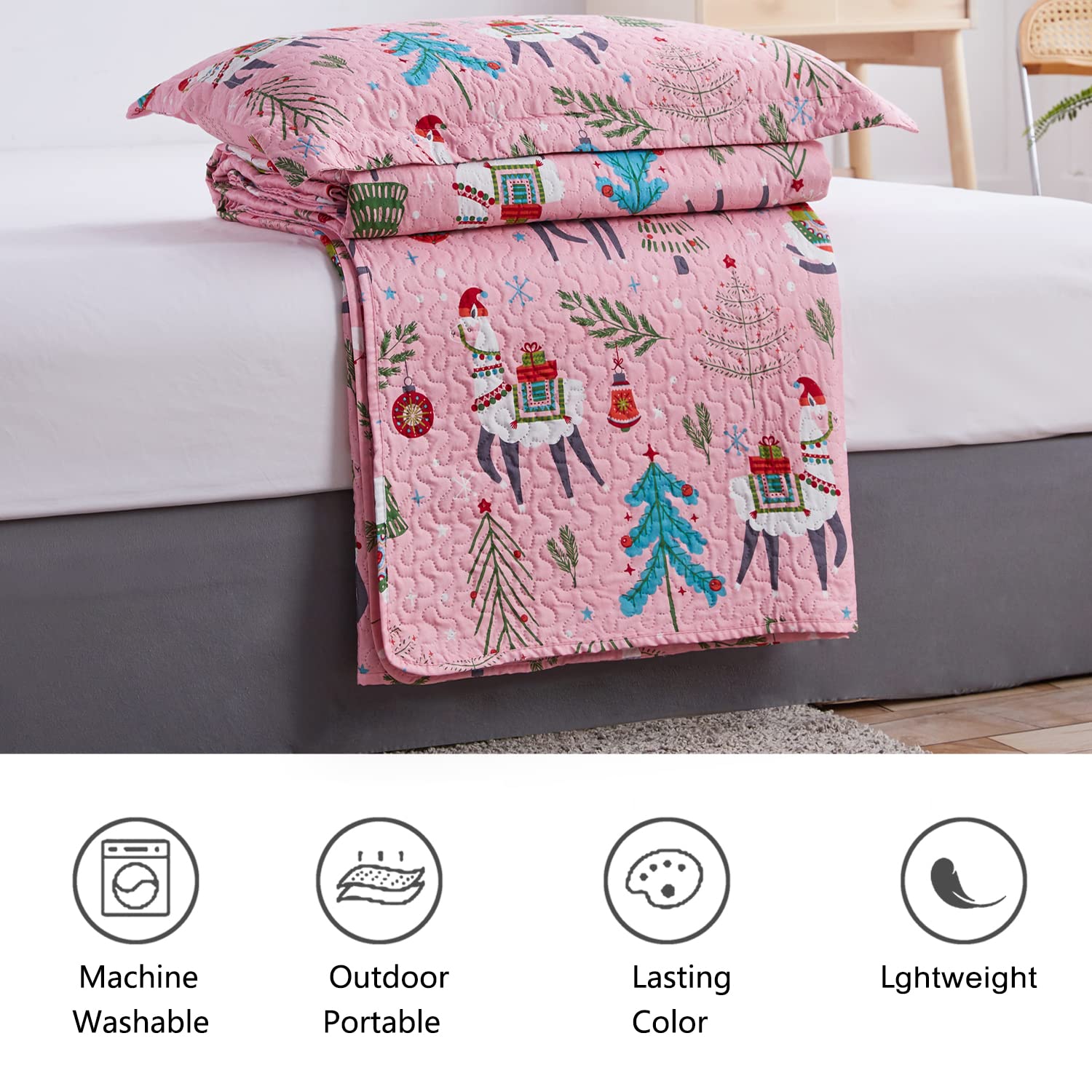 CHESITY Christmas Bedding Quilt Set Queen Size 3-Piece Kids Bedspread Xmas Bedding Set with Alpaca Pattern Lightweight Coverlet Cover for All Season (Pink, 1 Quilt + 2 Pillowcases)