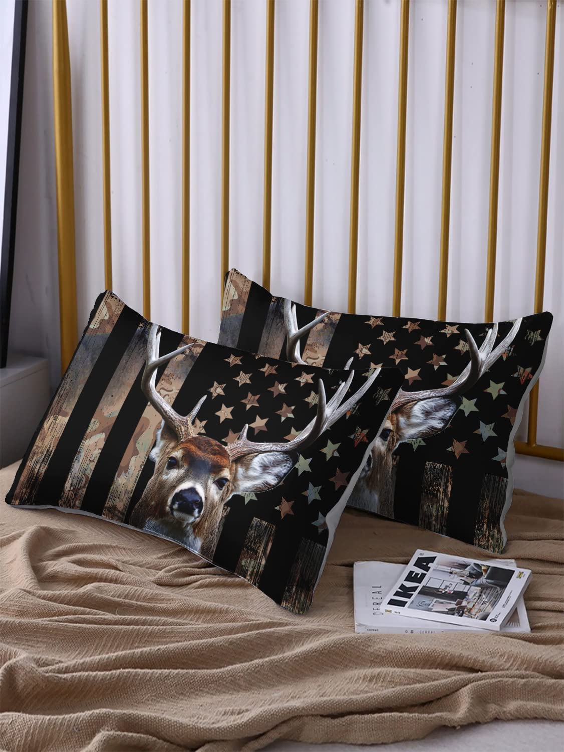 HOSIMA Deer Hunting Bedding Sets,Deer and American Flag Duvet Cover for Hunter Bedroom Decor with 2 Pillowcases Camouflage Bedding Sets for Adult Teen boy Bedding.