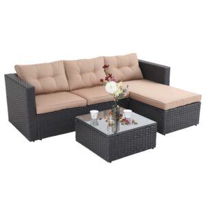 PHI VILLA Outdoor Patio Rattan Sectional Sofa- Small Patio Wicker Furniture Sofa Set,3-Piece, Cream