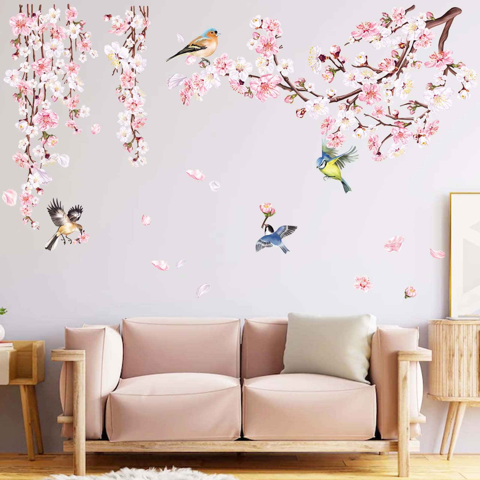 decalmile Cherry Blossom Branch Wall Stickers Pink Flower Birds Wall Decals Bedroom Living Room TV Wall Home Decor