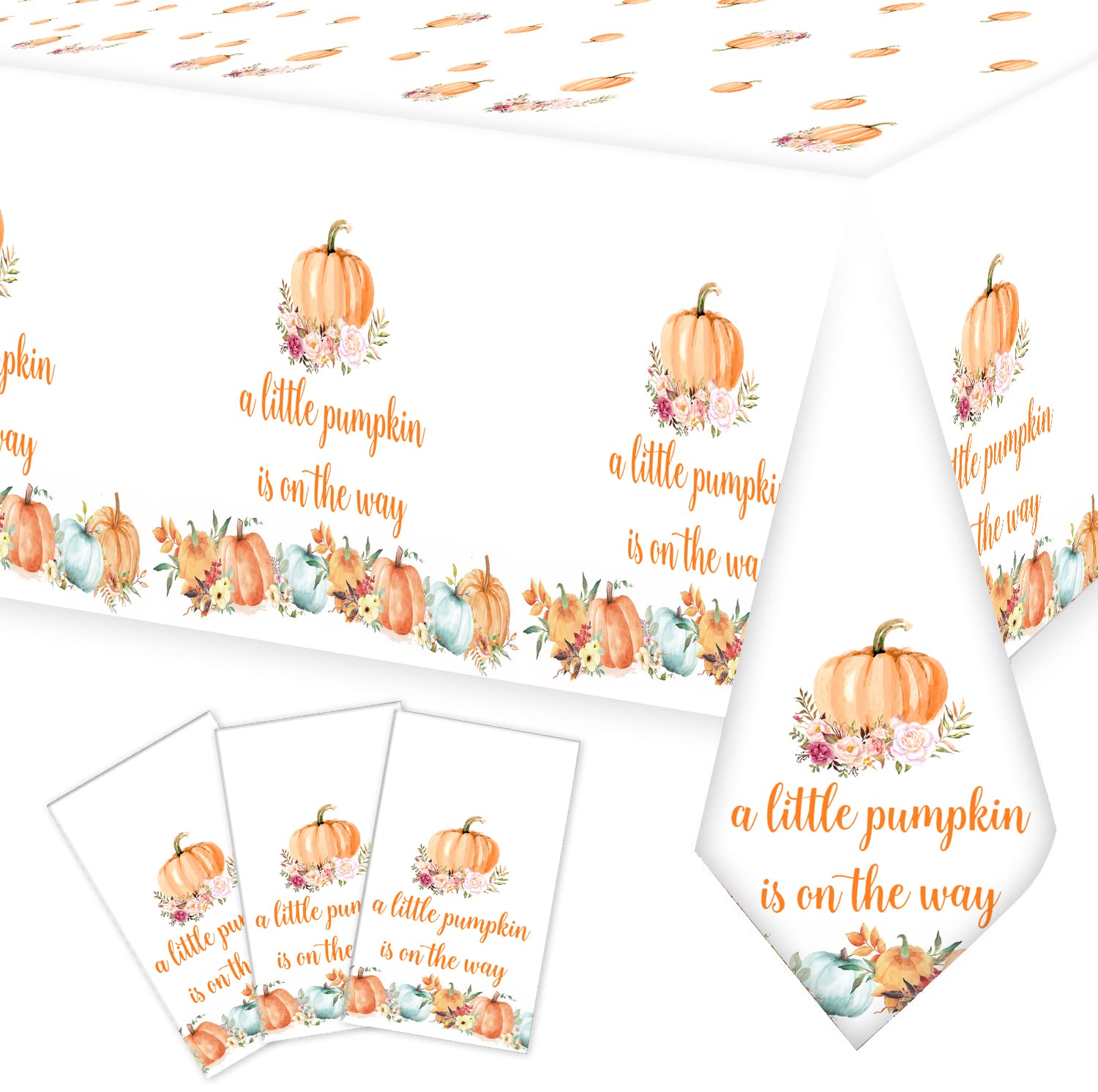 A Little Pumpkin is On The Way Tablecloths,Pumpkin Table Cover A Little Pumpkin is On The Way Baby Shower Party Decorations,Little Pumpkin Baby Shower Gender Reveal Party Decorations,51"x108"(3 Packs)