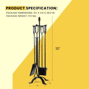 VIVOHOME 5 Pieces Wrought Iron Fireplace Tool Set with Poker Grabber Broom Shovel Stand with Handles Wood Stove Firepit Accessories Tools Modern Black