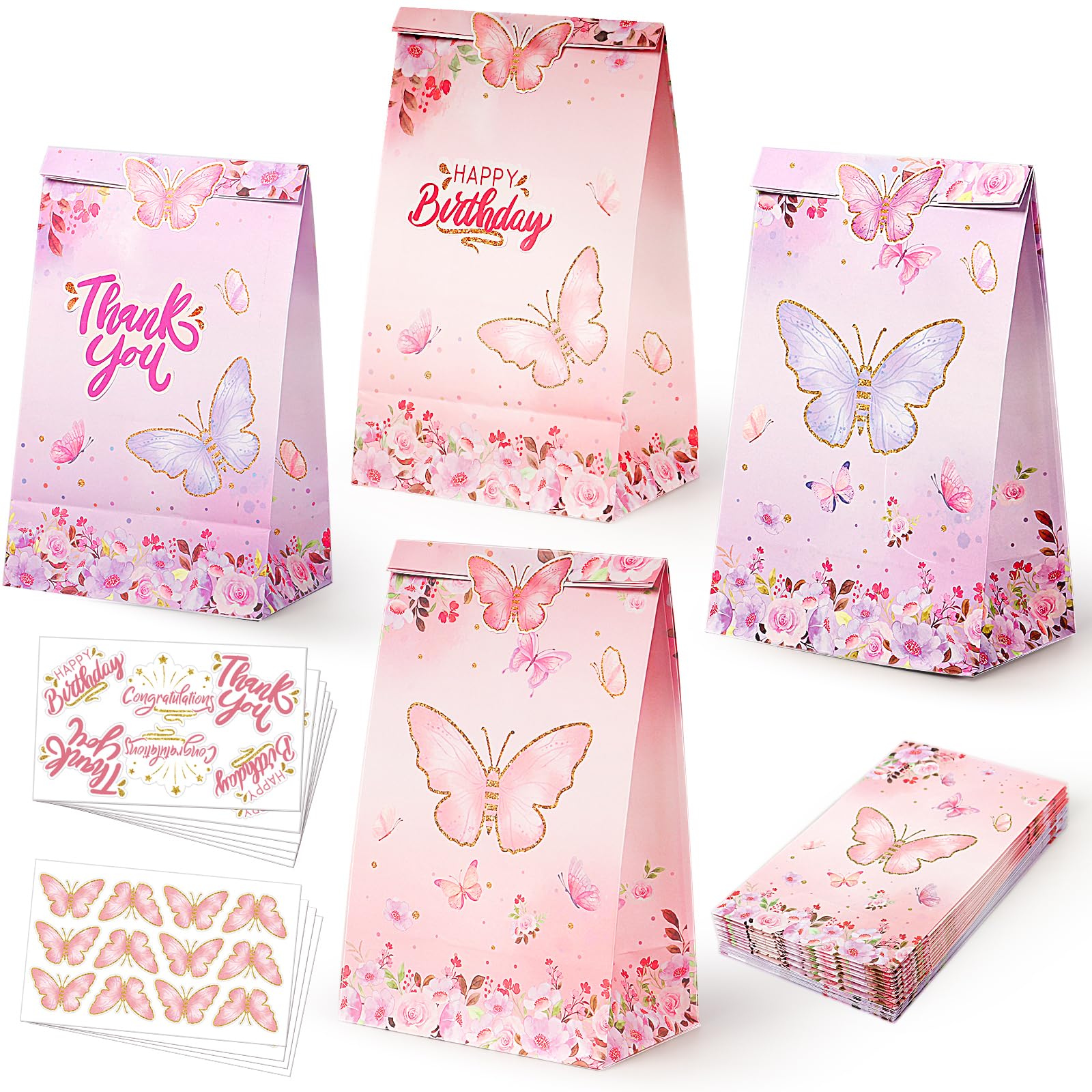 LWBDD Butterfly Candy Gift Bags 24 Pieces Pink and Purple Bags Rainbow Party Decorations Butterfly Supplies for Birthday Party Paper Gift Bag with 24 Stickers For Valentine's Day & Easter