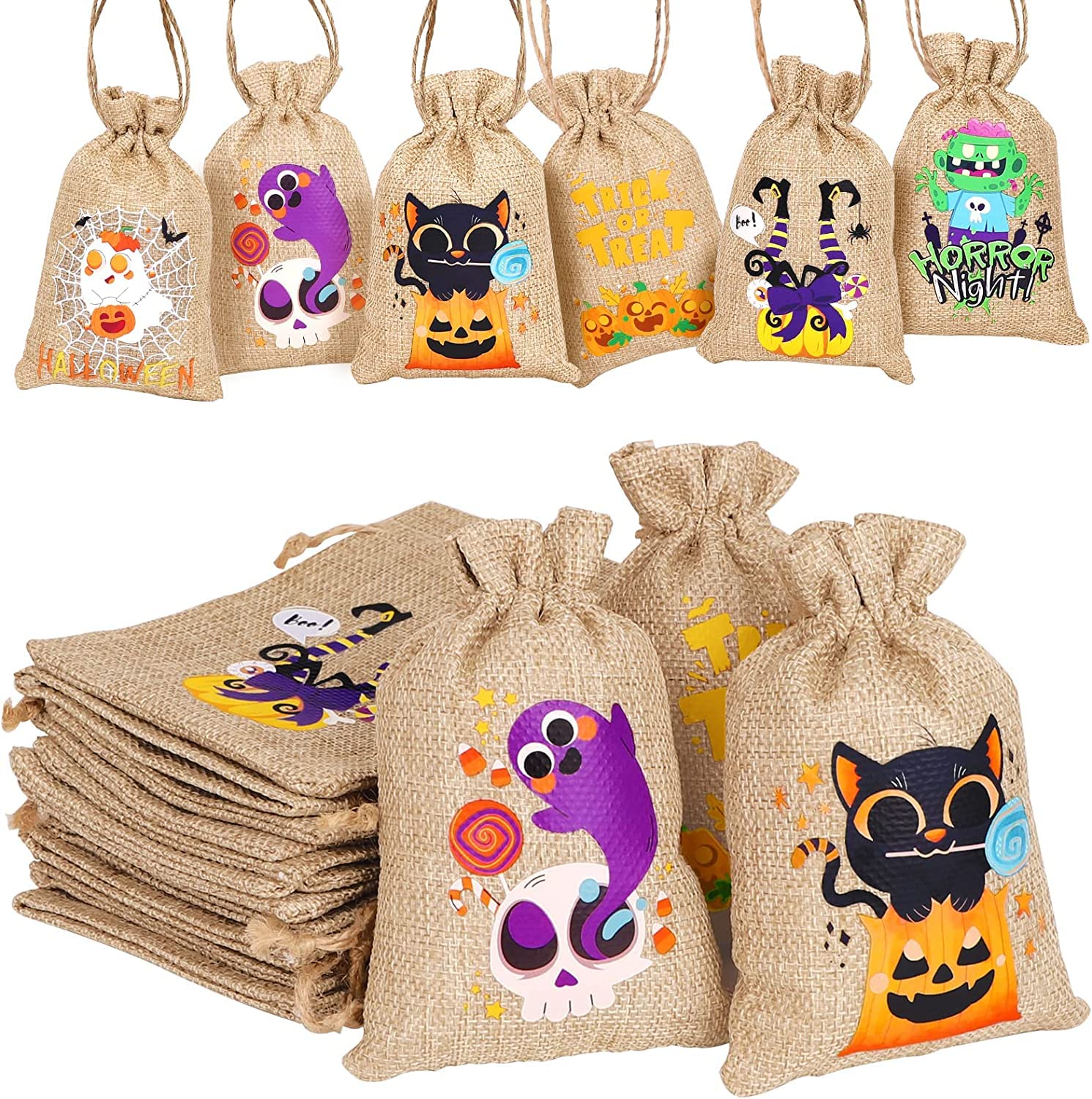 DIYDEC 36pcs Halloween Burlap Gift Bags, Halloween Jute Linen Burlap Treat Candy Goodies Drawstring Bags for Halloween Favors Supplies