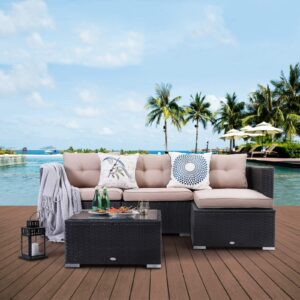 PHI VILLA Outdoor Patio Rattan Sectional Sofa- Small Patio Wicker Furniture Sofa Set,3-Piece, Cream