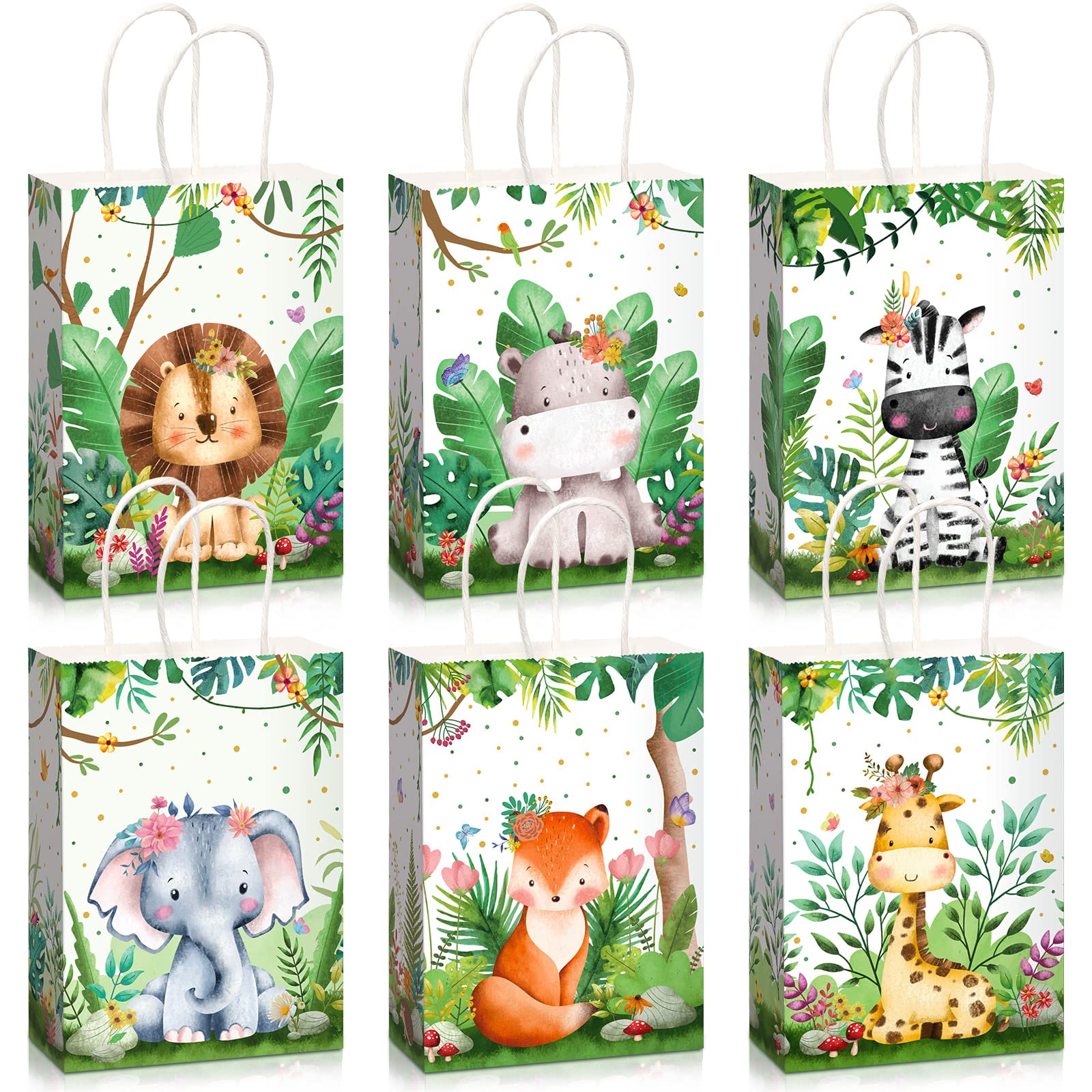 18 Pieces Safari Goodie Bags Jungle Animals Party Favor Bags with Handles Zoo Animals Print Candy Bags Woodland Gift Bags for Baby Shower Wedding Birthday Jungle Themed Party Supplies