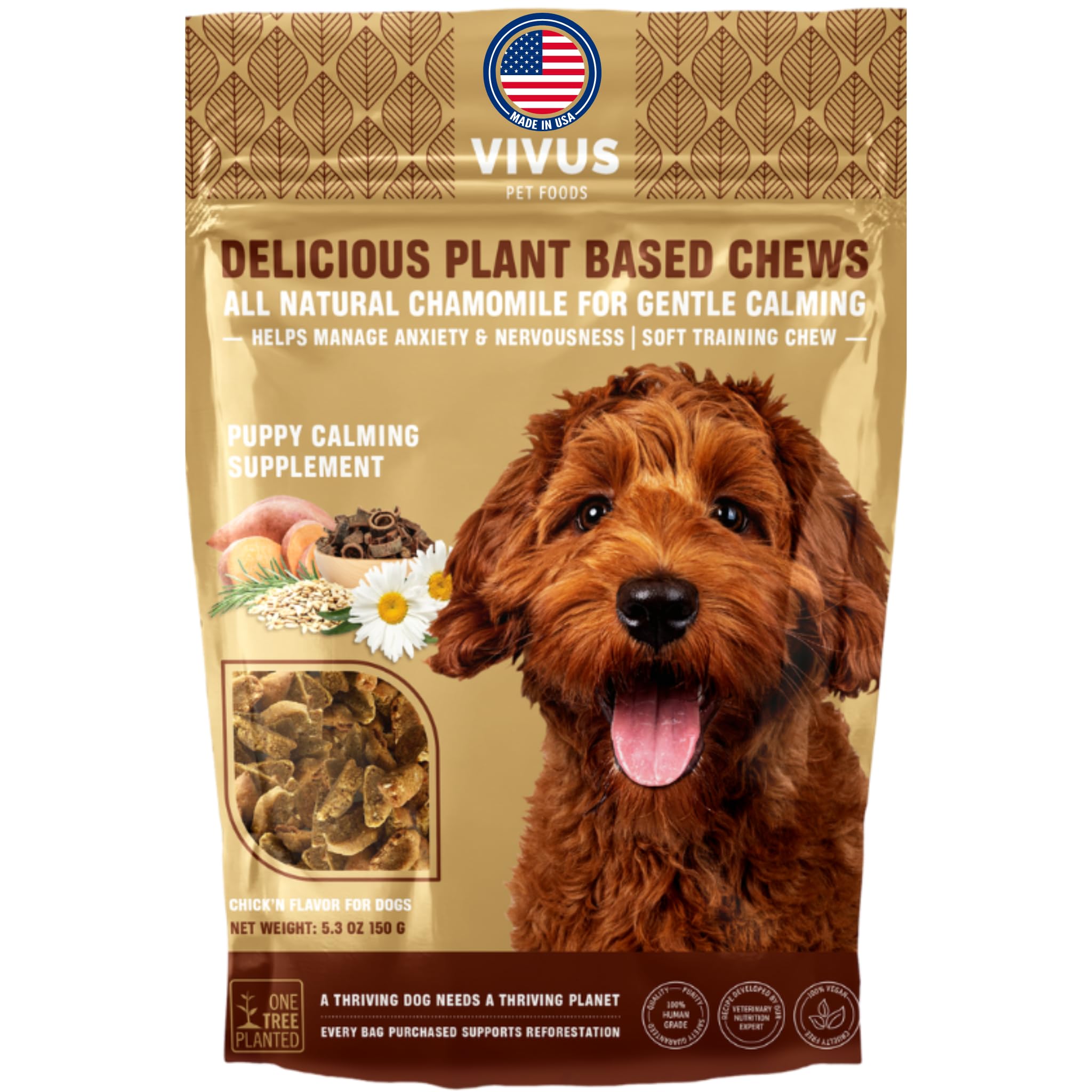 Vivus Pets Vegan Calming Chews for Dogs Anxiety Relief - Chick'n Flavored Dog Calming Treats for Training & Behavior Aid - All Natural Ingredients, Suitable for Dogs of All Breeds, 5.3 Oz