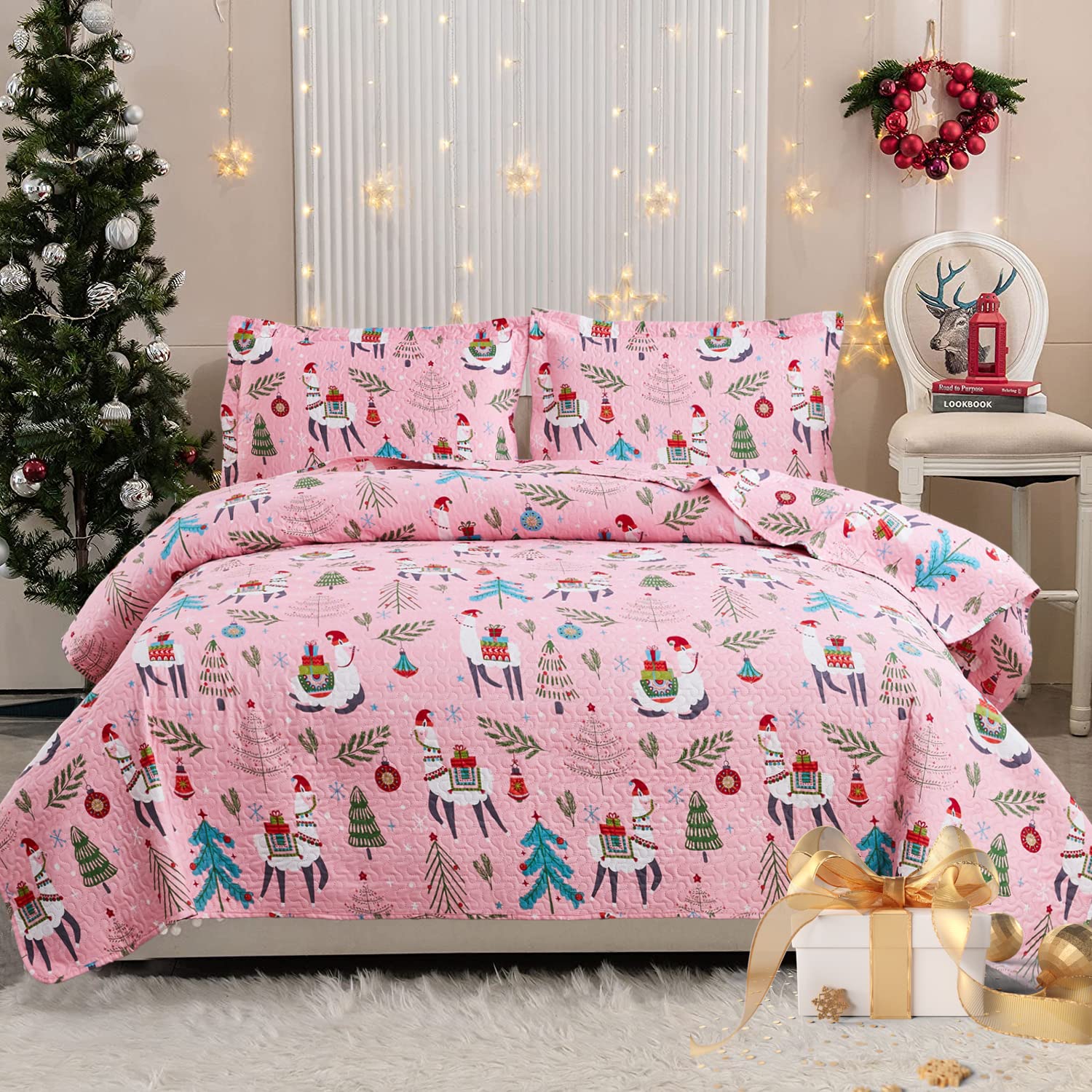 CHESITY Christmas Bedding Quilt Set Queen Size 3-Piece Kids Bedspread Xmas Bedding Set with Alpaca Pattern Lightweight Coverlet Cover for All Season (Pink, 1 Quilt + 2 Pillowcases)