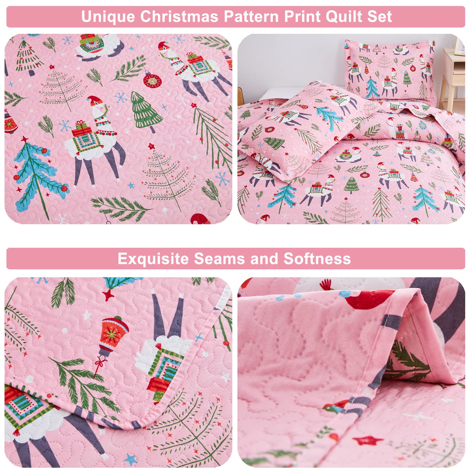 CHESITY Christmas Bedding Quilt Set Queen Size 3-Piece Kids Bedspread Xmas Bedding Set with Alpaca Pattern Lightweight Coverlet Cover for All Season (Pink, 1 Quilt + 2 Pillowcases)