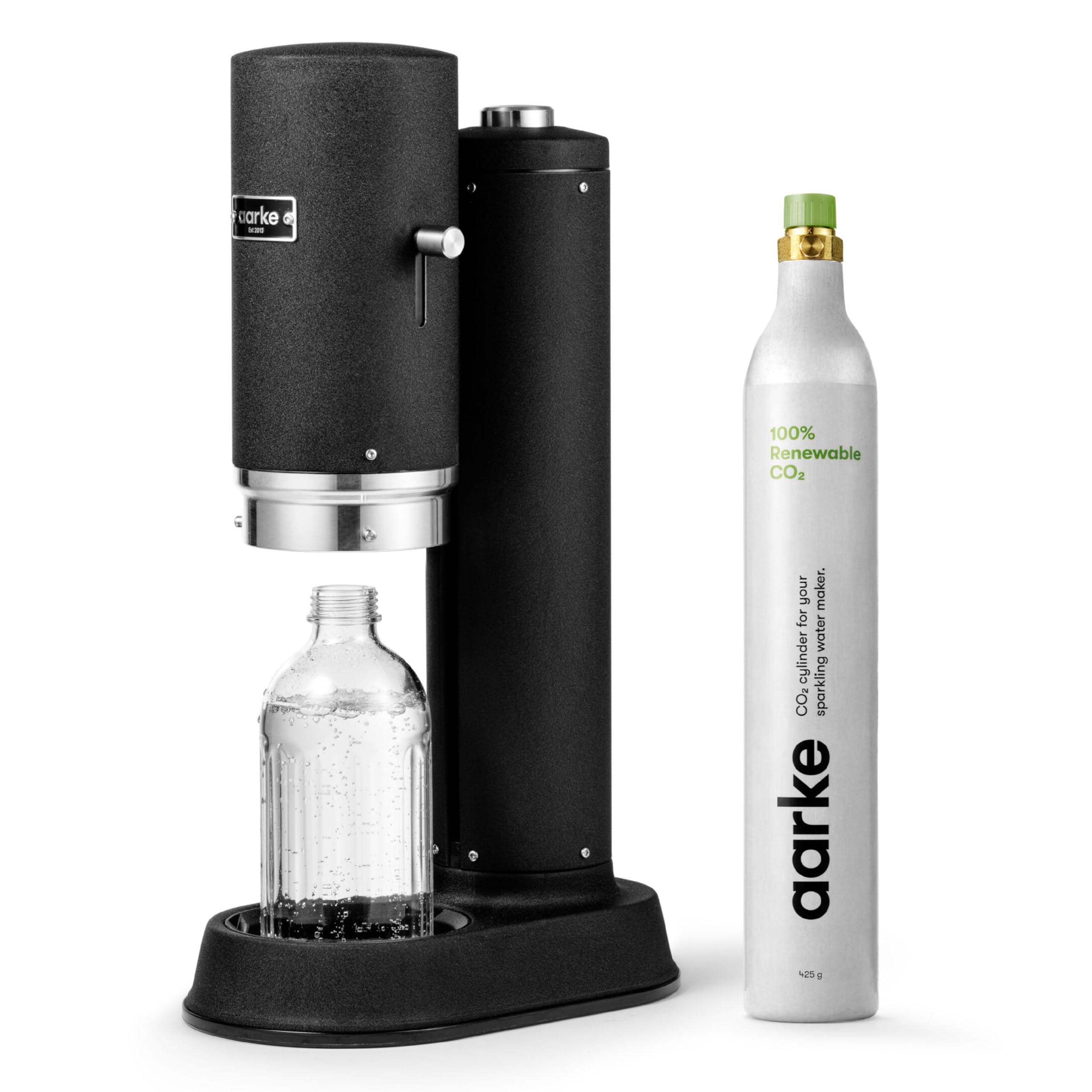 aarke Carbonator Pro, Sparkling & Carbonation Water Machine, Stainless Steel with Glass Reusable Bottle Volume 800 mL and CO2 Cylinder (Matte Black)