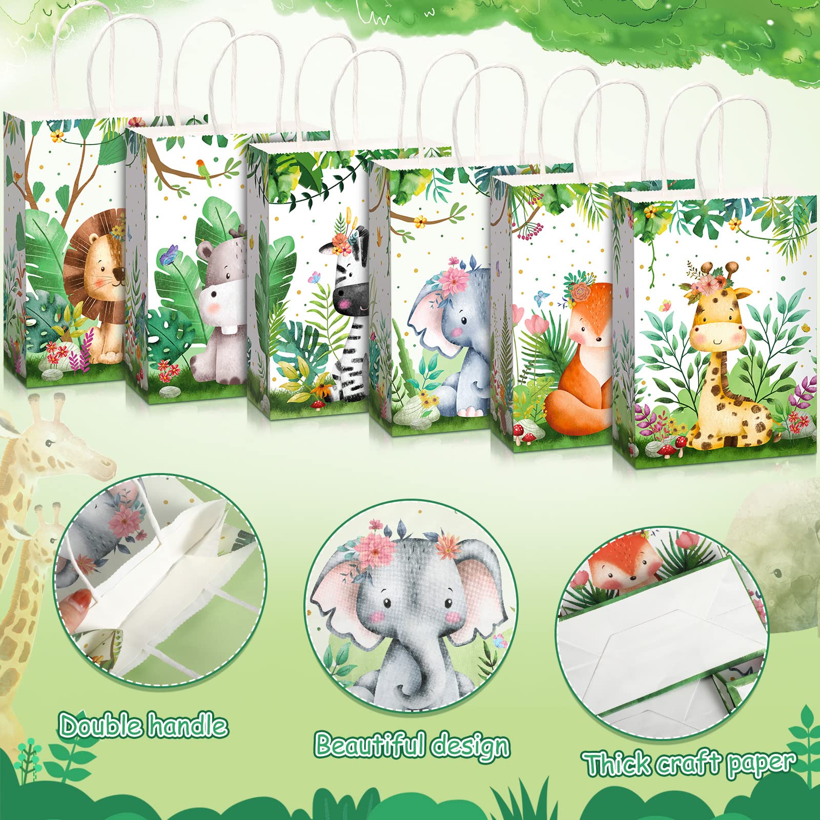 18 Pieces Safari Goodie Bags Jungle Animals Party Favor Bags with Handles Zoo Animals Print Candy Bags Woodland Gift Bags for Baby Shower Wedding Birthday Jungle Themed Party Supplies