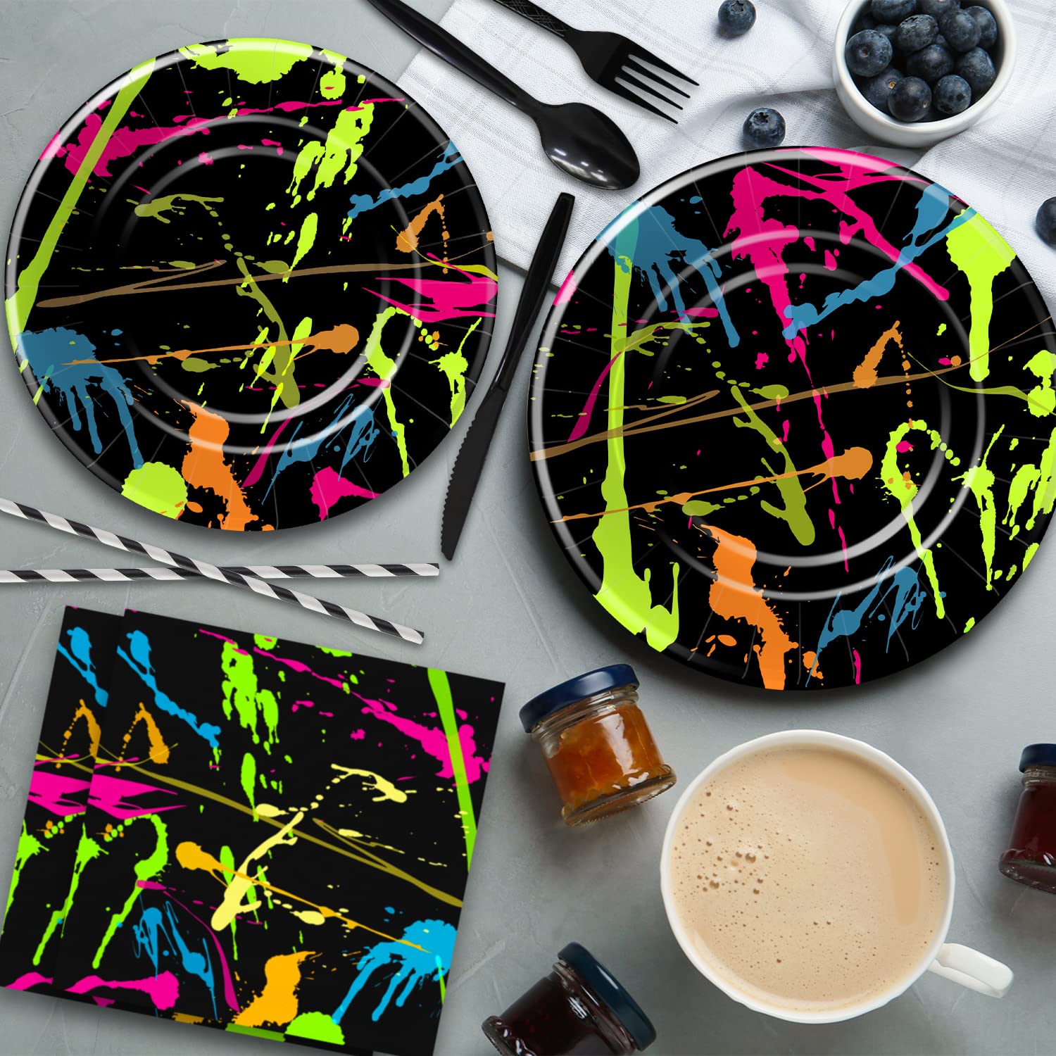 HIPVVILD Neon Party Supplies Tableware, Neon Glow Party Decorations Include Plate, Cup, Napkin, Tablecloth, Cutlery, Straw, Neon Graffiti Glow Theme Birthday Baby Shower Party Decorations | Serve 24