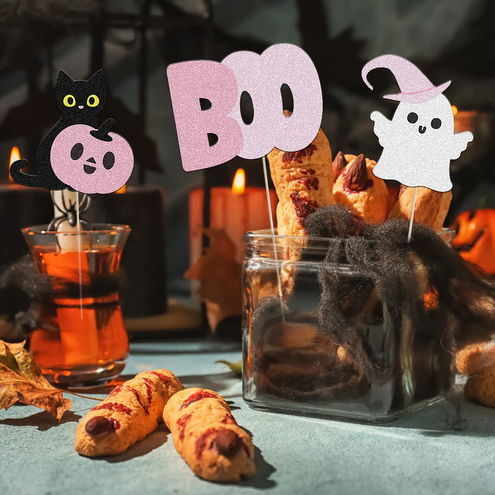 Geyee 36 Pcs Halloween Baby Shower Decorations Boo Cake Topper Ghost Tables Centerpieces Sticks Spooky Banner Decorations Halloween Centerpieces for Table Birthday Pink and Black Party Supplies