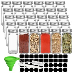 keketin 30 pack glass spice jars 4 oz with labels, empty square spice bottles seasoning containers with silver caps and shaker lids(80 black labels,1 funnel,1 pen and 1 brush included)