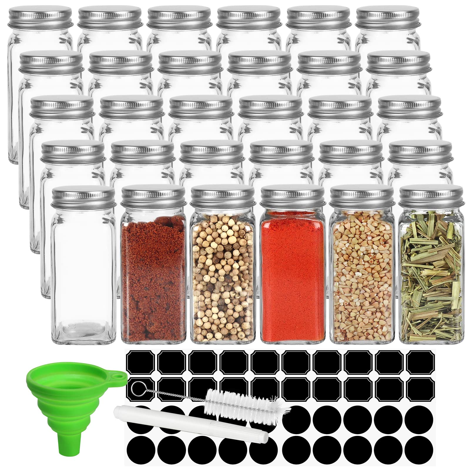 Keketin 30 Pack Glass Spice Jars 4 oz with Labels, Empty Square Spice bottles Seasoning Containers with Silver Caps and Shaker Lids(80 Black Labels,1 Funnel,1 Pen and 1 Brush Included)