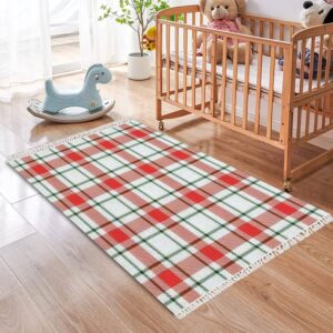 DGAIER Boho Area Rug Christmas and New Year Tartan Plaid Scottish in White red and Green Play Mat Runner Carpet Minimalist Room Decor Indoor Outdoor Woven Rug Entryway Laundry Room Bedroom Rug 3x5'