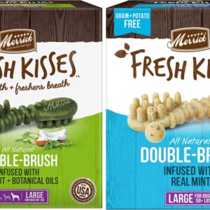 (2 Pack) Merrick Fresh Kisses Double-Brush Dental Dog Treats, Infused with Coconut & Botanical Oils and Mint Breath Strips, Cleans & Freshens Breath for Large Dogs, 16 Dental Dog Treats/Pack (Large)