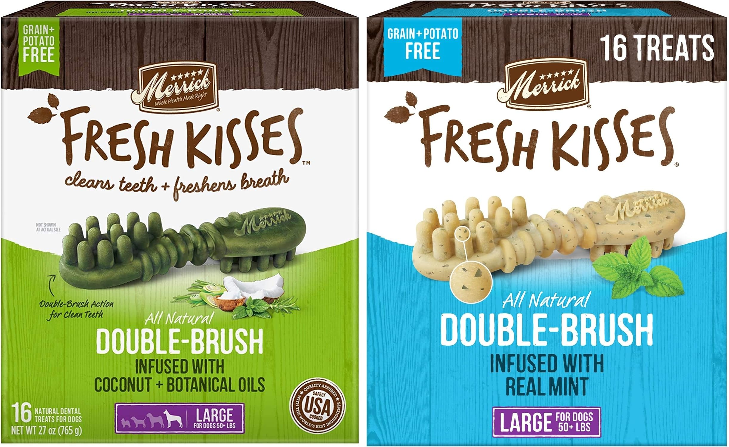 (2 Pack) Merrick Fresh Kisses Double-Brush Dental Dog Treats, Infused with Coconut & Botanical Oils and Mint Breath Strips, Cleans & Freshens Breath for Large Dogs, 16 Dental Dog Treats/Pack (Large)