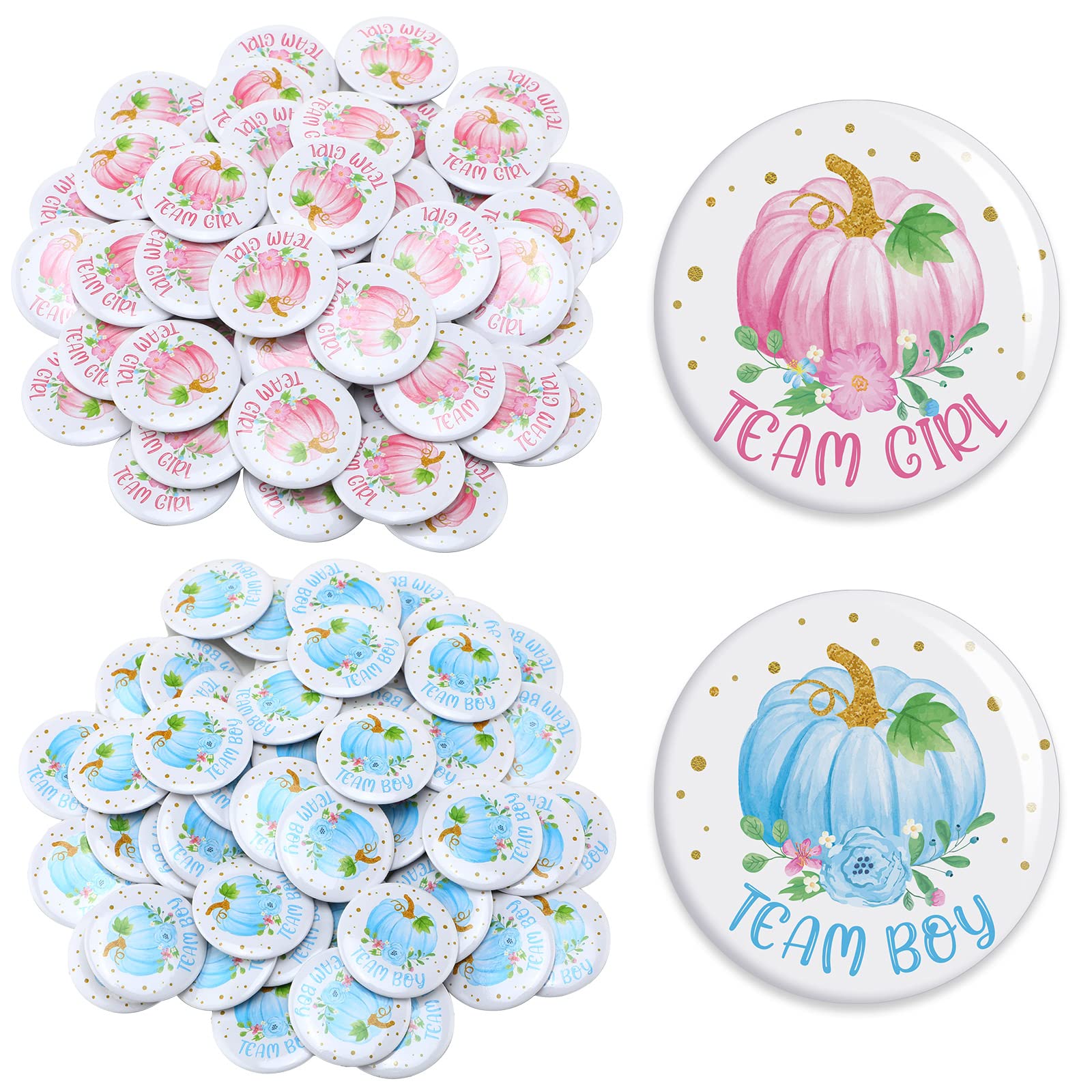 100 Pcs Pumpkin Gender Reveal Pins Pumpkin Baby Shower Buttons Pins Fall Team Boy Team Girl Pins for Thanksgiving Halloween Reveal Parties and Baby Showers Decorations