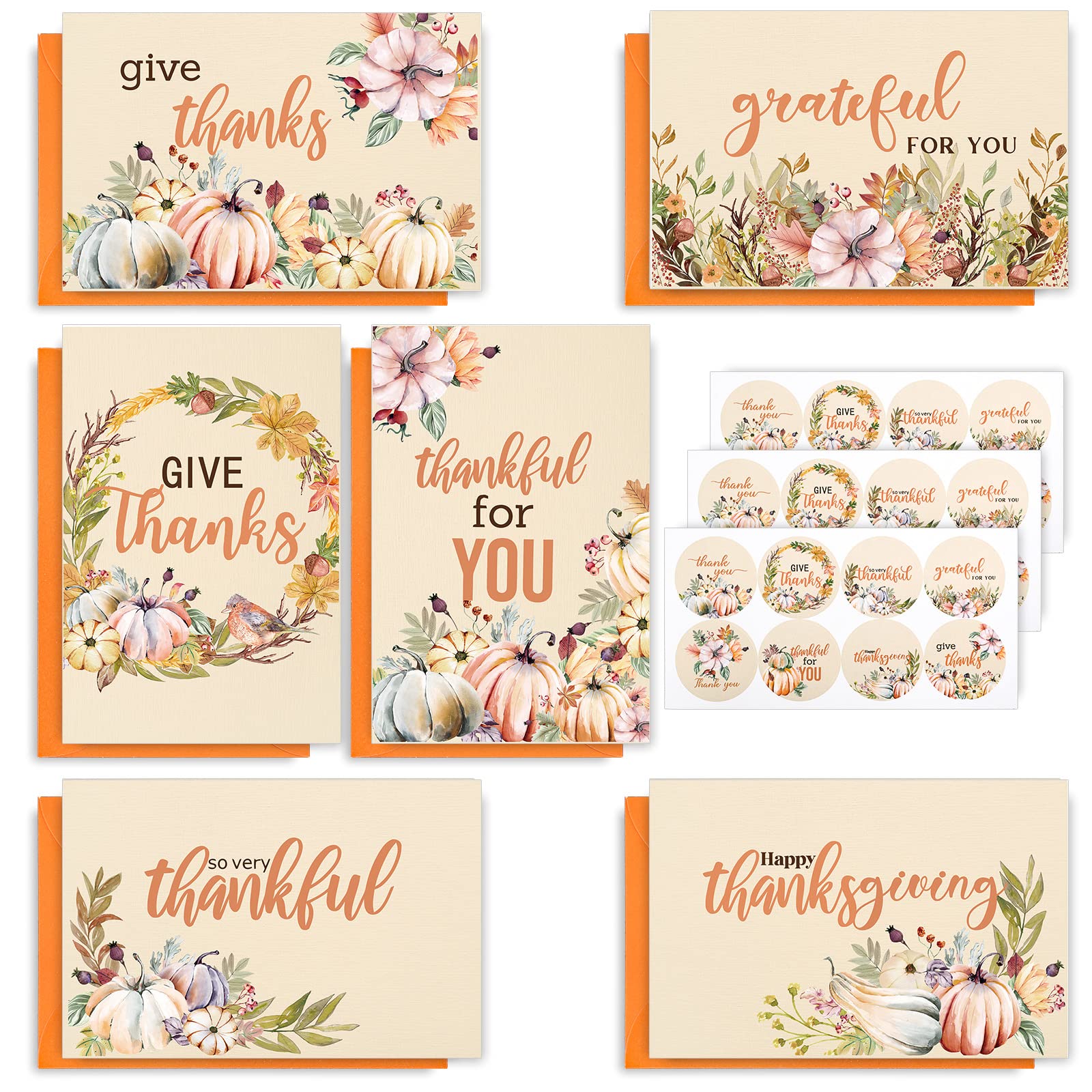 AnyDesign Watercolor Autumn Greeting Cards Bulk 36 Pack Thanksgiving Pumpkin Greeting Cards with Matching Seal Sticker Envelopes Thankful Note Cards for Wedding Baby Shower Birthday Stationery