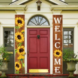 Sunflower Welcome Hanging Banners spring Porch Banners Flags summer Door Banners Thanksgiving Hanging Banner for Front Door Garden Home Yard Sunflower Party Decorations(Wood Background)