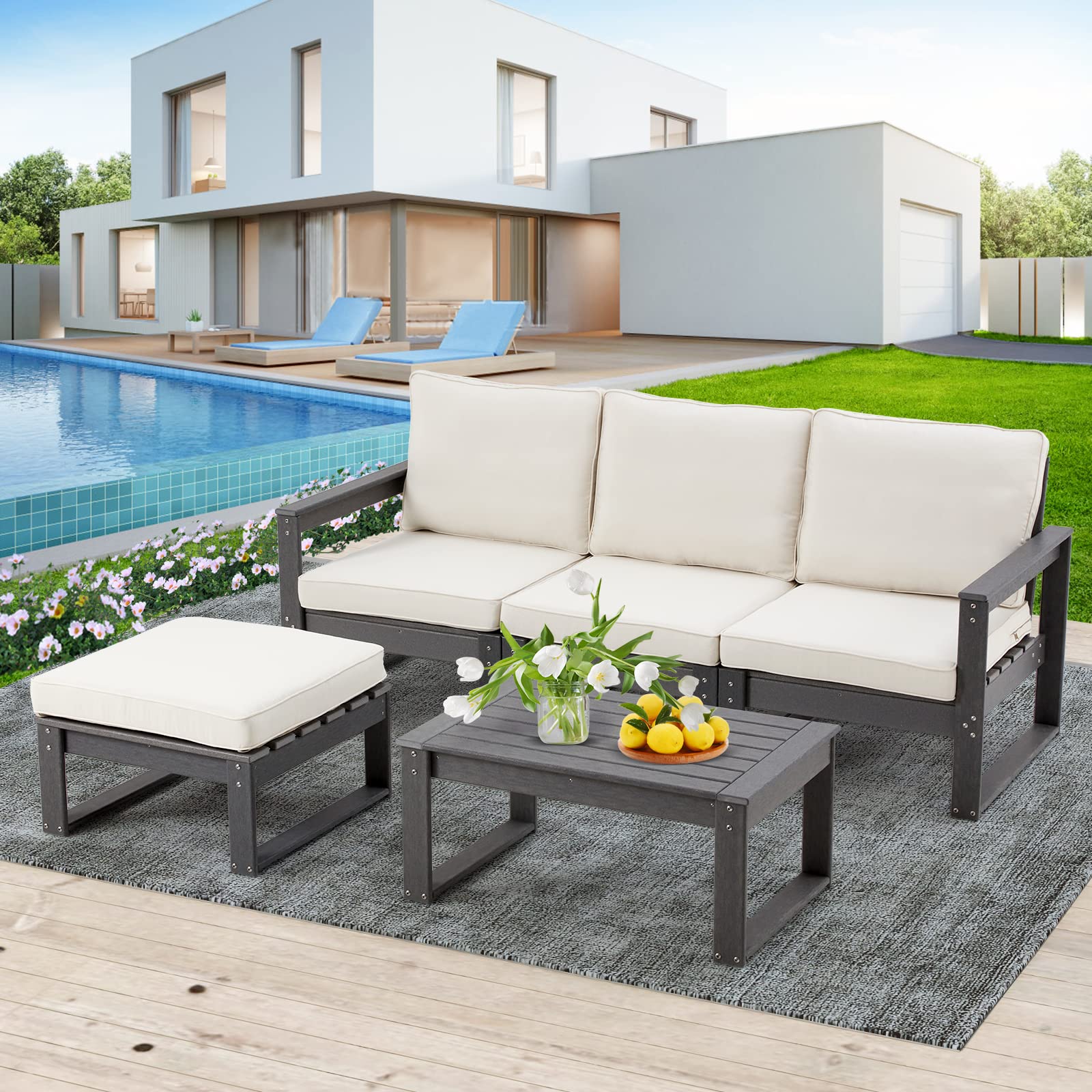 YOLENY 3-Piece Outdoor Patio Furniture Set, HDPE Sectional Sofa, Patio Conversation Set with Creamy-White Cushions and Tea Table, for Patio, Backyard, Garden, Deck, Grey