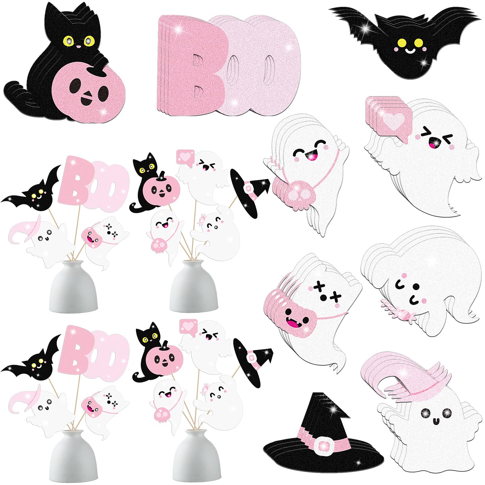 Geyee 36 Pcs Halloween Baby Shower Decorations Boo Cake Topper Ghost Tables Centerpieces Sticks Spooky Banner Decorations Halloween Centerpieces for Table Birthday Pink and Black Party Supplies