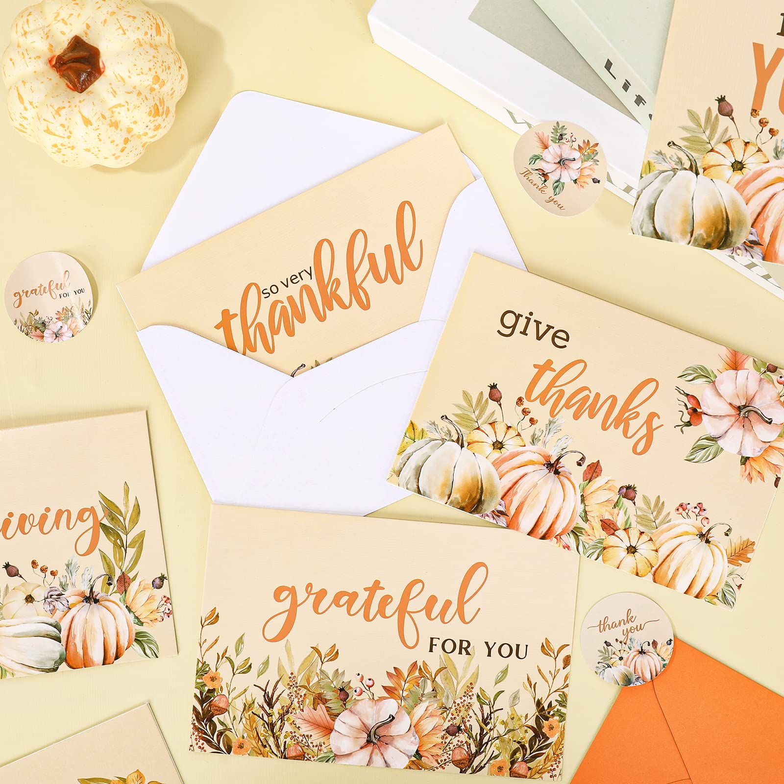 AnyDesign Watercolor Autumn Greeting Cards Bulk 36 Pack Thanksgiving Pumpkin Greeting Cards with Matching Seal Sticker Envelopes Thankful Note Cards for Wedding Baby Shower Birthday Stationery