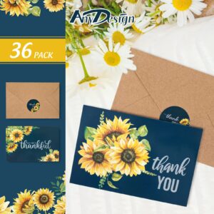 AnyDesign Sunflower Thank You Cards Bulk 36 Pack Blue Thank You Notes with Matching Seal Stickers Envelopes Watercolor Summer Floral Greeting Cards for Wedding Baby Shower Bridal Birthday Party