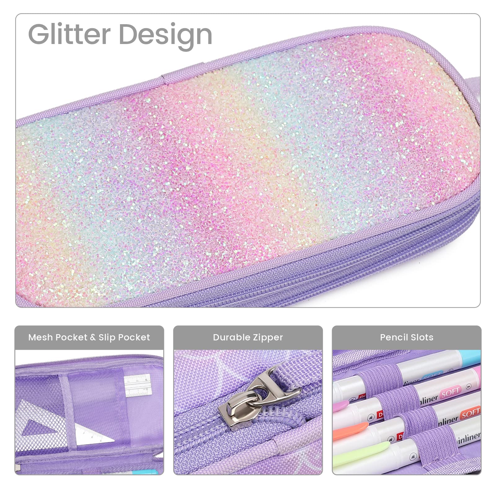 Bagseri Pencil Case for Kids - Expandable Cute Pencil Case for Girls Large Capacity Pencil Pouch Organizer for School Student Office Supplies, Pen Case Only (Purple, Mermaid Scale)