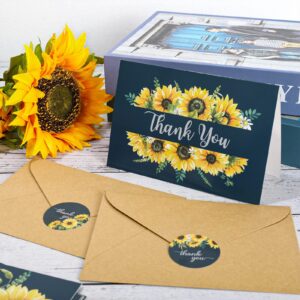 AnyDesign Sunflower Thank You Cards Bulk 36 Pack Blue Thank You Notes with Matching Seal Stickers Envelopes Watercolor Summer Floral Greeting Cards for Wedding Baby Shower Bridal Birthday Party