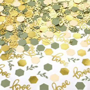 400 pcs greenery wedding table confetti decorations, sage olive green confetti table scatter dots with eucalyptus and gold love confetti for bridal shower wedding decor(wedding style)