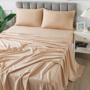 FADFAY Bed Sheets Set Cal King Size Champagne Gold Sheet Luxury Lyocell Tencel 600 TC Soft Silky Deep Pocket Sheets 17.5'' 4 Pcs, Cal King