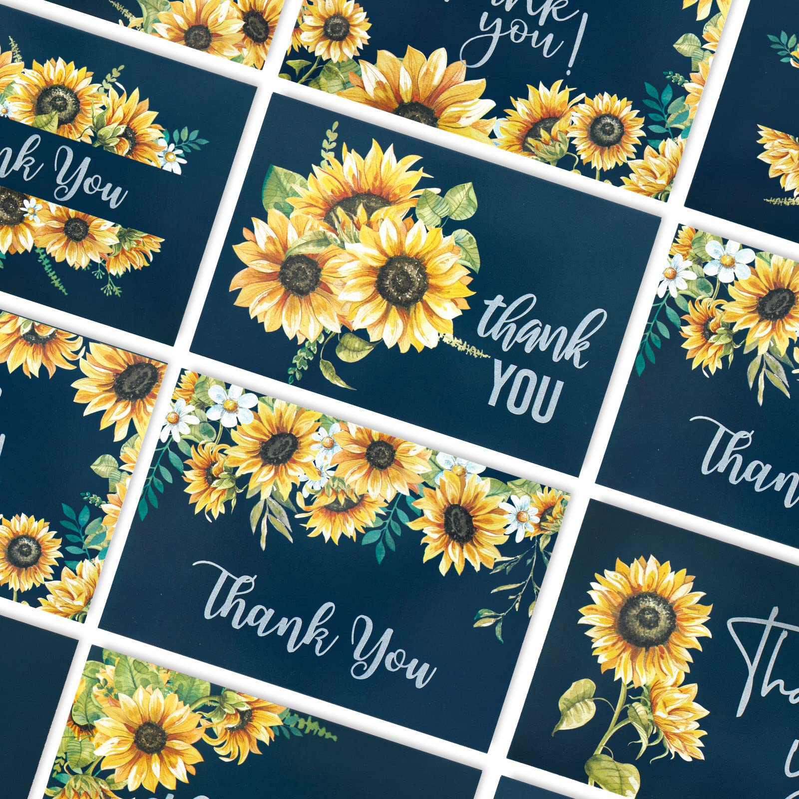 AnyDesign Sunflower Thank You Cards Bulk 36 Pack Blue Thank You Notes with Matching Seal Stickers Envelopes Watercolor Summer Floral Greeting Cards for Wedding Baby Shower Bridal Birthday Party